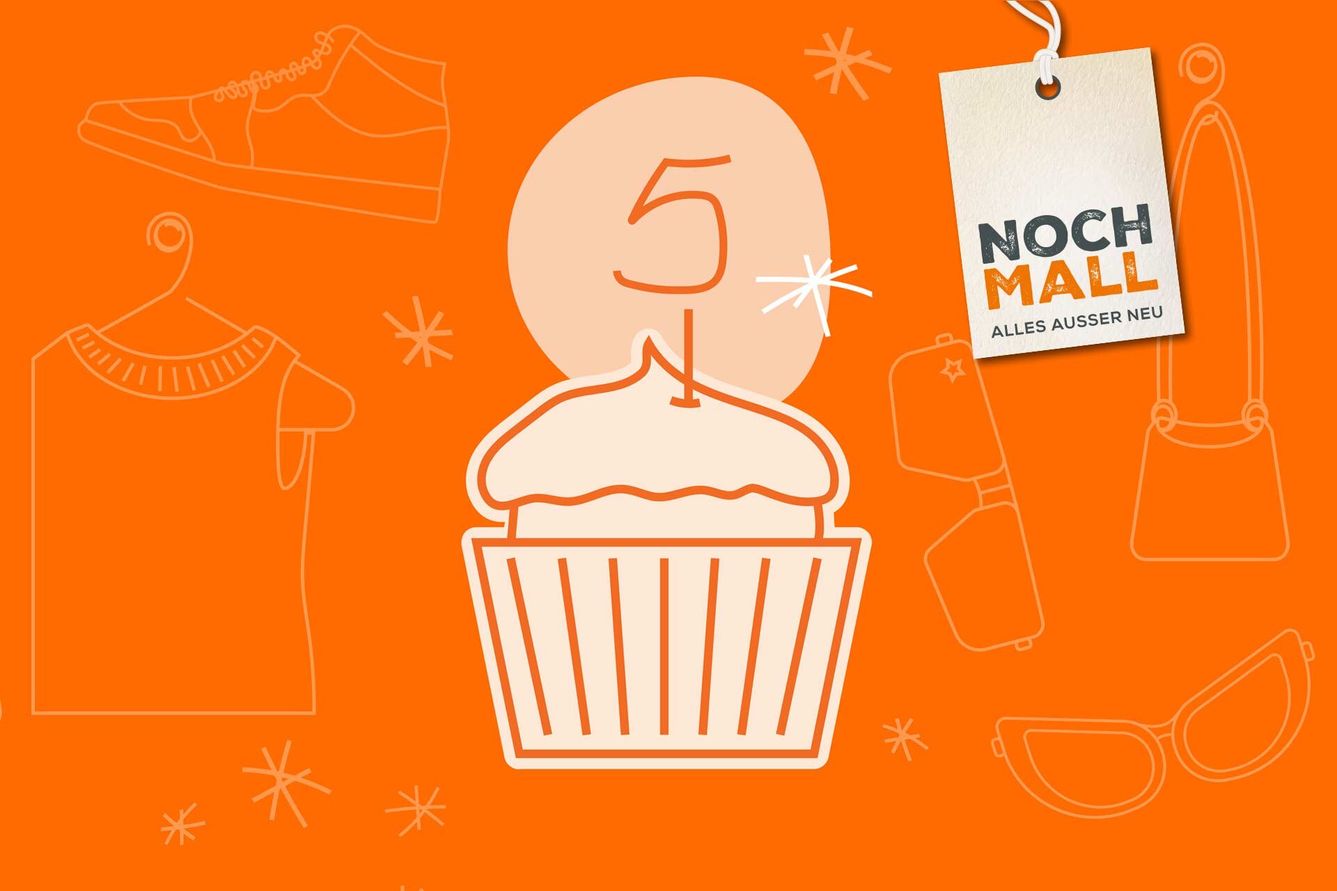 Illustriertes Küchlein auf orangenem Hintergrund mit Kerze. Hinweis auf die NochMall.