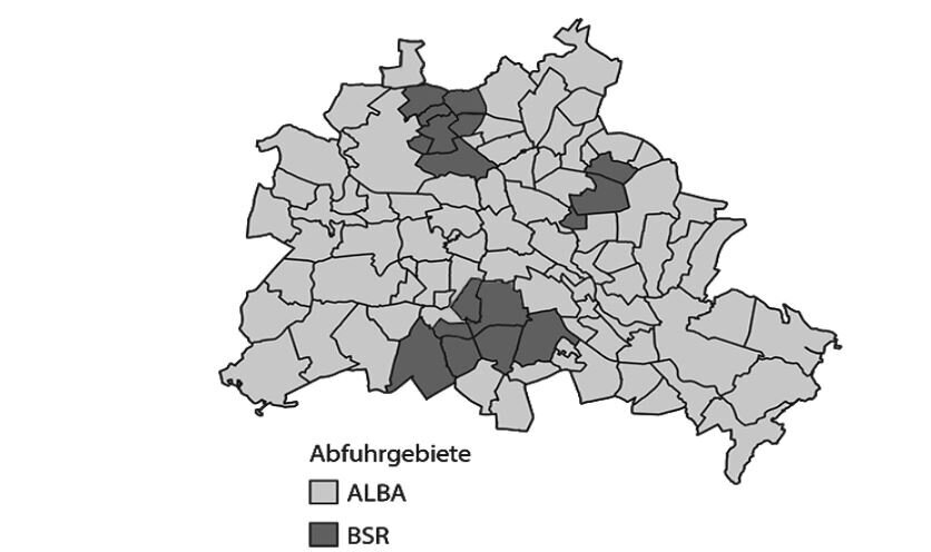 Berlin-Karte, die anzeigt, in welchen Stadtteilen die BSR und welchen ALBA die Wertstofftonne abholt