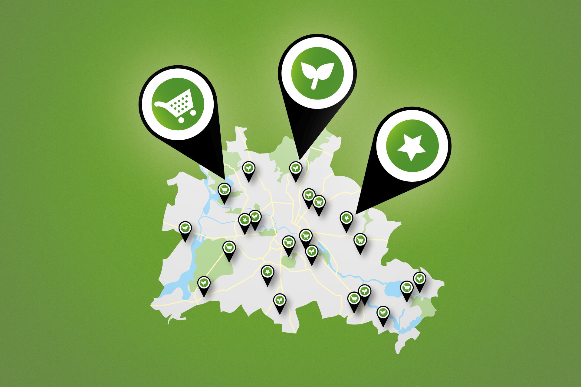 illustrierte Karte von Berlin mit Pins an nachhaltigen Orten auf grünem HIntergrund