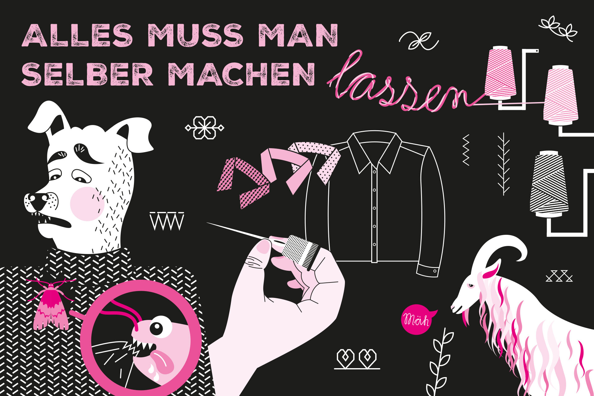 Eine Illustration zeigt Nähutensilien, wie Garn, Nadel oder Fingerhut. Auch ein Schaf ist zu sehen sowie ein erschrockener Hund, auf dessen Pullover eine Kleidermotte sitzt. Die Überschrift lautet: „Alles muss man selber machen lassen“.