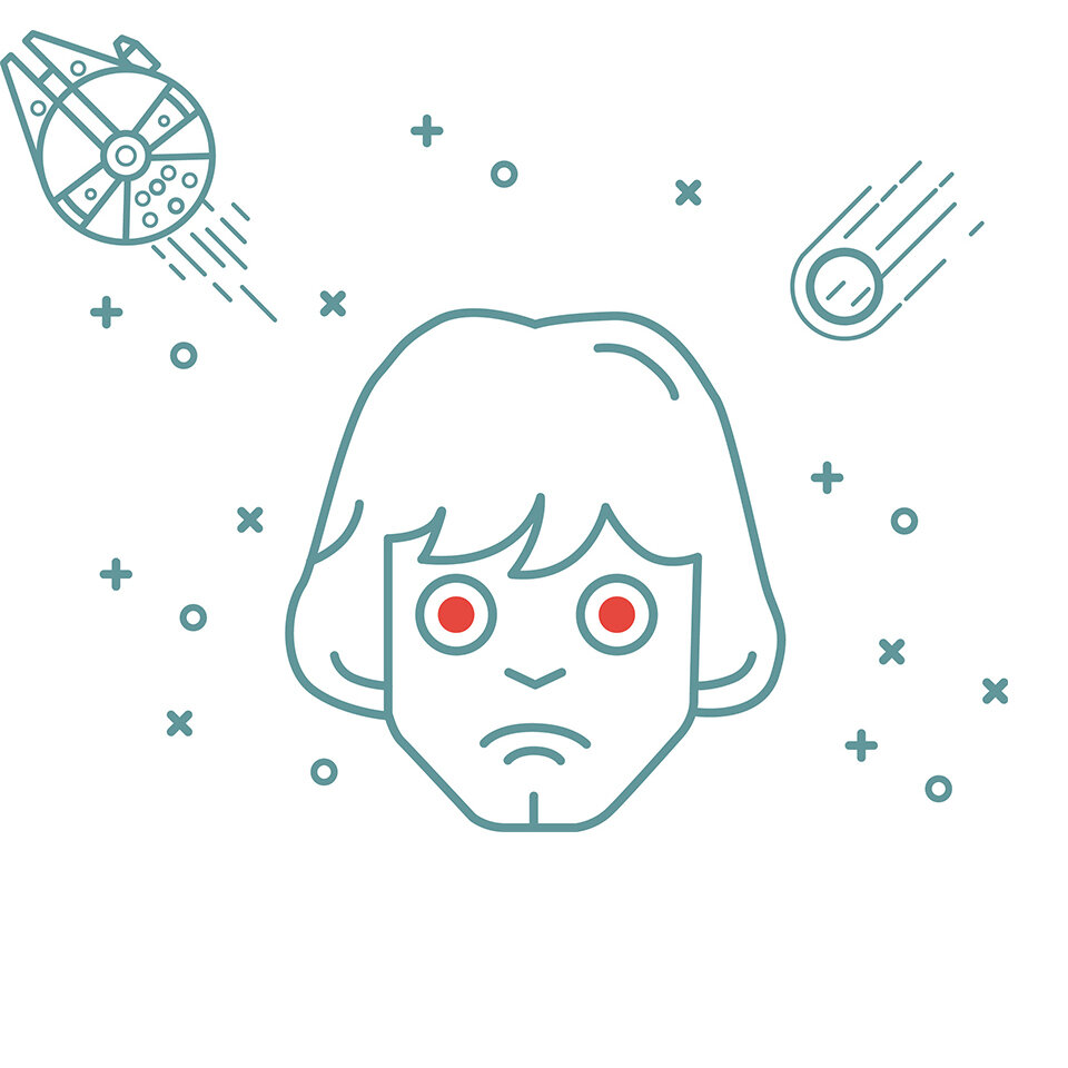 Eine Illustration eines Männerkopfes im All mit Sternen, einem Kometen und einem Raumschiff.