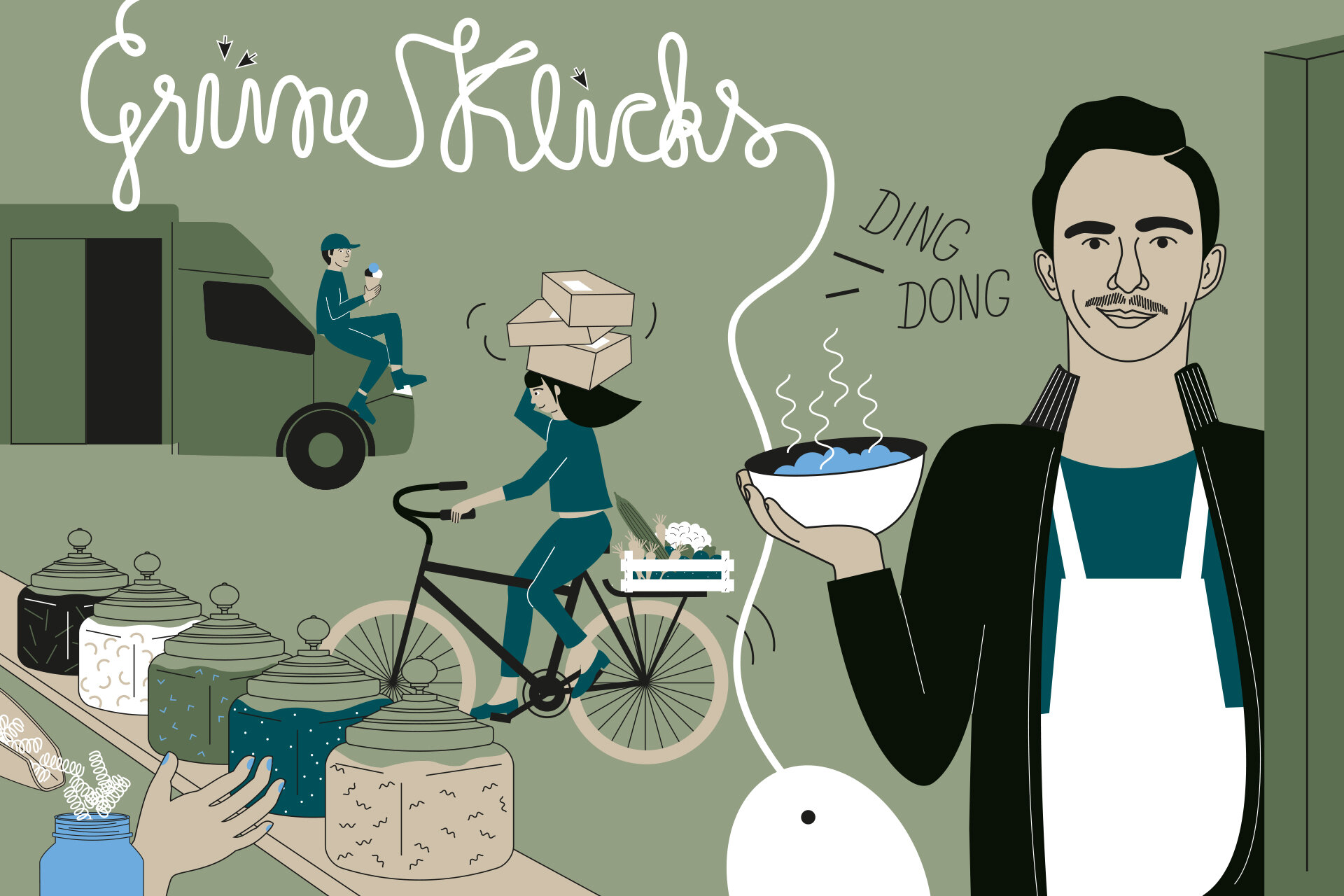 Eine Illustration zeigt einen Koch mit einem dampfenden Gericht in der Hand, einen Tresen mit fertig verpacktem Essen, Lieferfahrer mit Auto und zu Fahrrad.