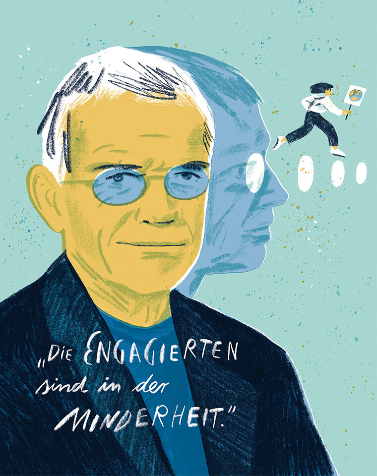 Bildercollage: Portrait eines Mannes mit dem Zitat:
