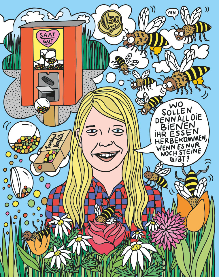 Illustration: Portrait eines blonden, langhaarigen Jungen, um den herum viele Bienen schwirren. Zitat: 