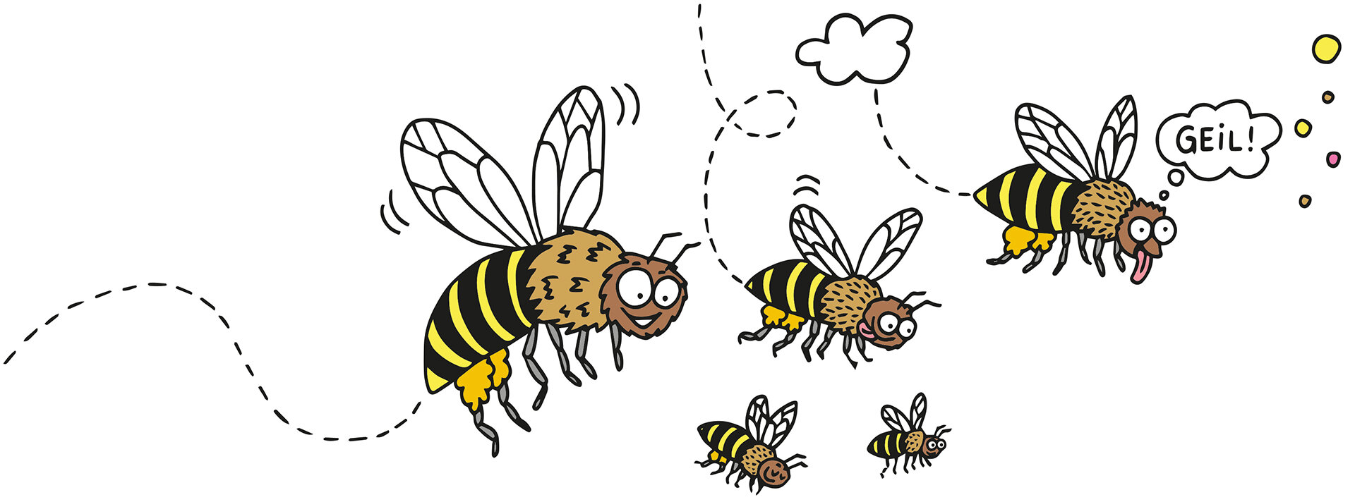 Illustration mehrerer Bienen. Eine hat ein Sprechblase und sagt: