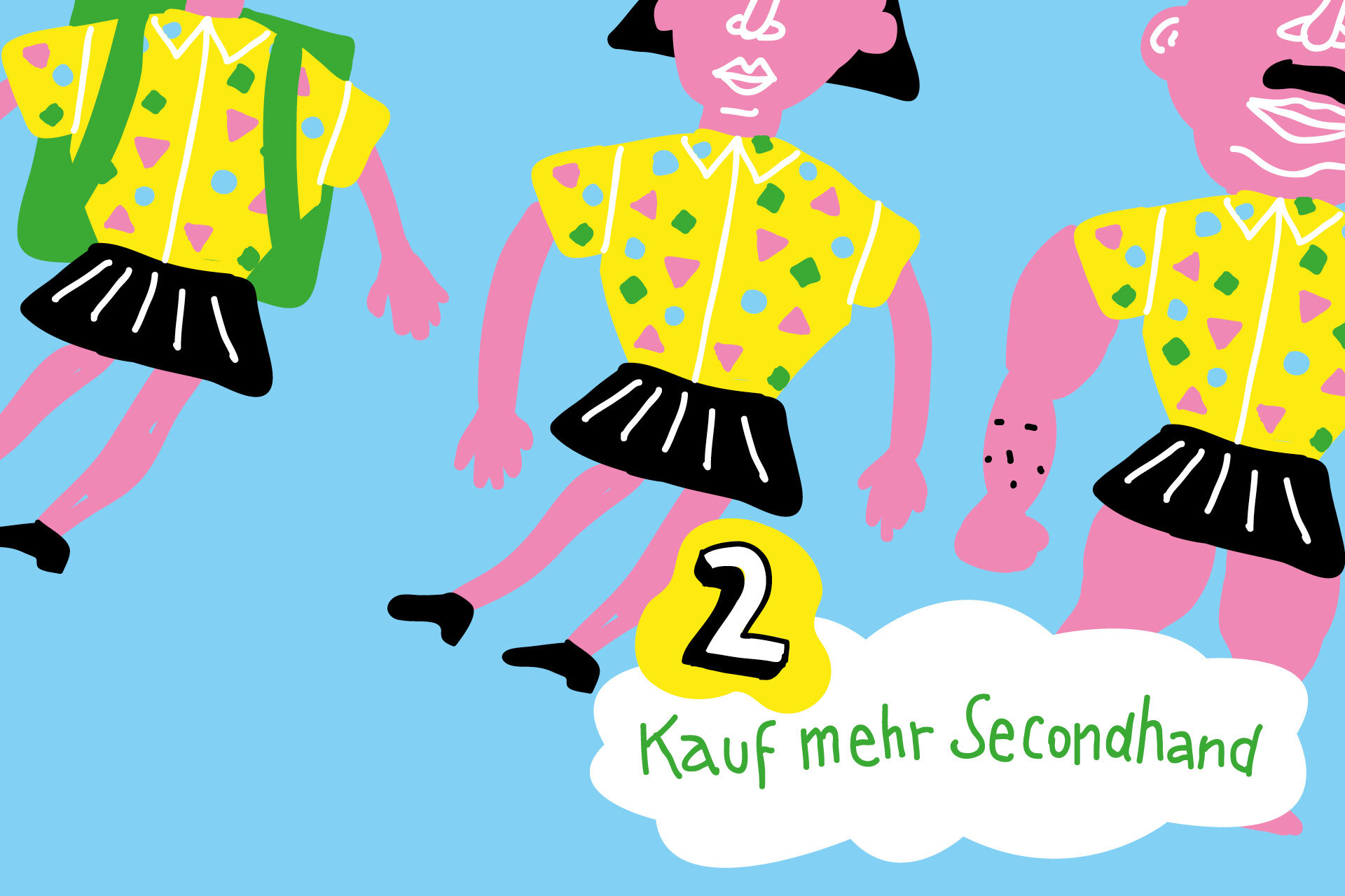 Illustration von einem Mann vor vielen Blumentöpfen. Ebenso illustriert ist die Überschrift: Iss mehr Pflanzen, wirf weniger weg.