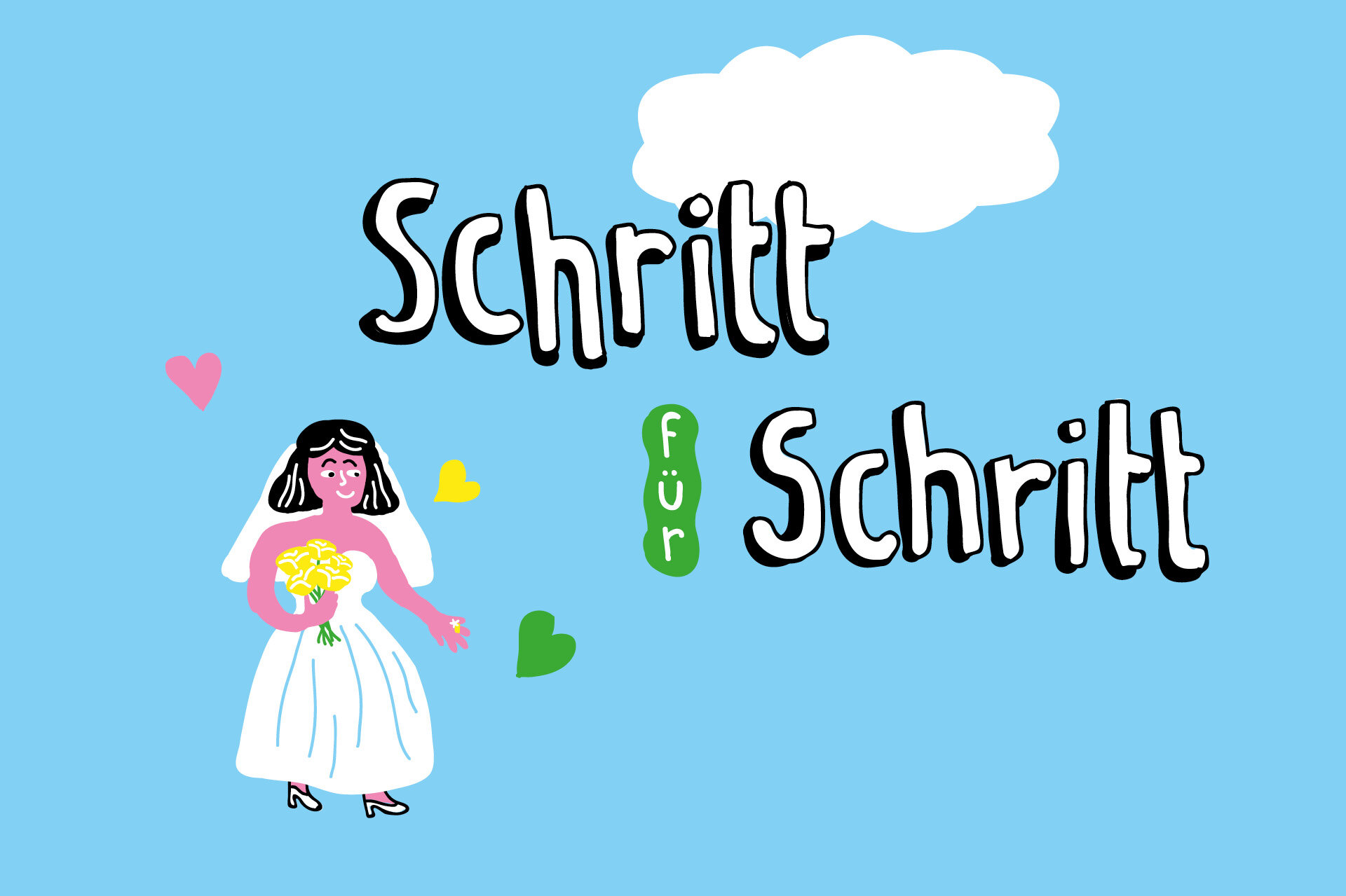 Illustration der Überschrift Schritt für Schritt. Man sieht eine Braut auf hellblauem Hintergrund.