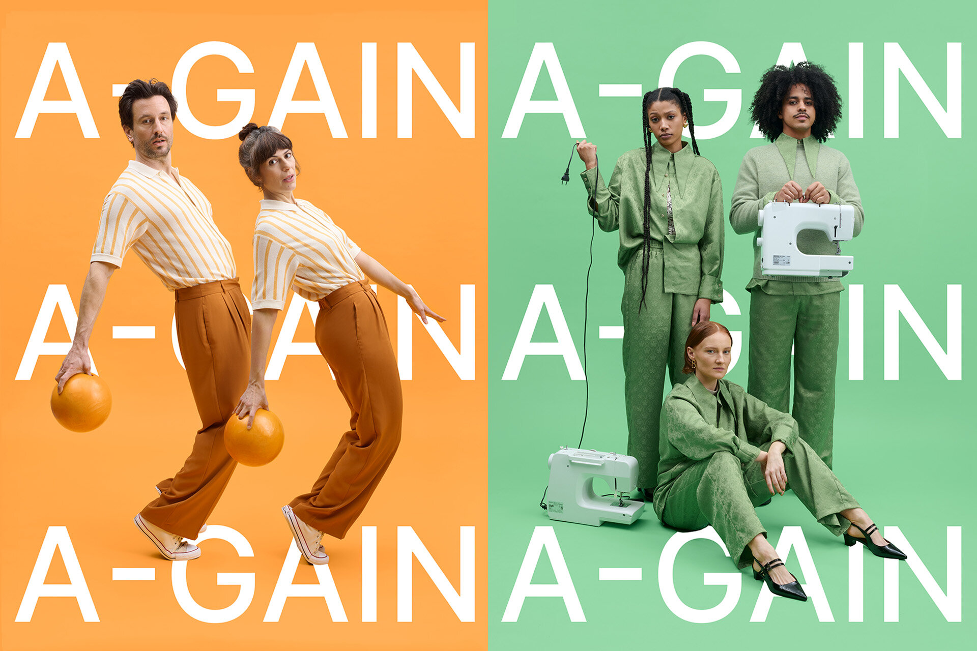 A-Gain-Guide Plattform für die Fashion Nachhaltigkeitsszene, vier Menschen posieren in stylischer Kleidung vor farbigen Hintergünden